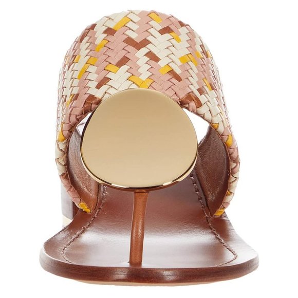 Tory Burch PATOS DISK MID-HEEL SANDAL Woven Neutral Pink Gold Accent Details - Picture 4 of 14